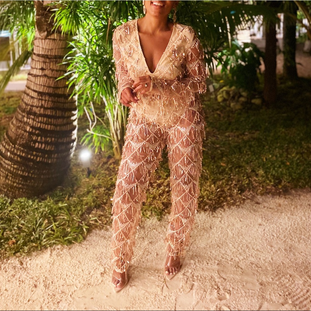 Gold Fringe Sequin Mesh Jumpsuit